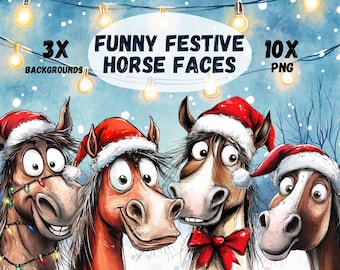 Puede incluir: Cuatro caballos de dibujos animados con gorros de Papá Noel sobre un fondo de invierno nevado. Los caballos miran a la cámara con expresiones divertidas. El texto "3X BACKGROUNDS FUNNY FESTIVE HORSE FACES 10X PNG" está en la parte superior de la imagen.