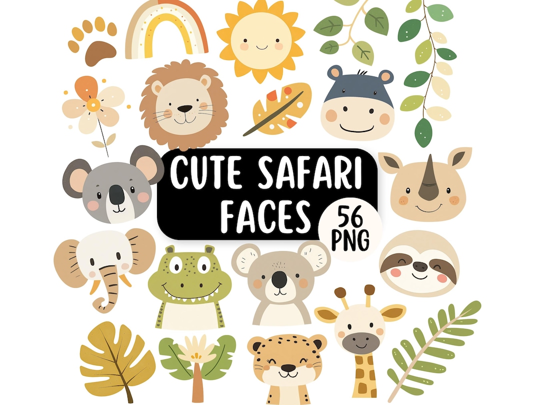 Cute Safari Animal Faces PNG Clipart Bundle | Commercial Use | Jungle ...