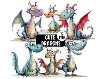 Cute Dragon Clipart Bundle 12 PNG Files, Watercolour Dragons, Quirky Dragon Clipart, Commercial Use, Funny Fantasy Clipart