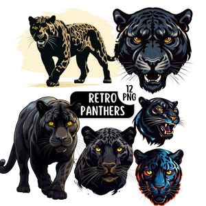 Paquete de imágenes prediseñadas de pantera retro, imágenes prediseñadas de cabeza de pantera, imágenes prediseñadas de mascota de juego de pantera para diseño de sublimación