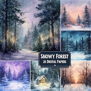 Peut inclure: Une collection de papiers numériques à l'aquarelle représentant des scènes de forêt enneigée. Les images représentent des paysages d'hiver avec des arbres enneigés, une cabane et de la neige qui tombe. La palette de couleurs comprend des bleus, des violets et des oranges. Le texte sur l'image indique "SNOWY FOREST 25 DIGITAL PAPERS."