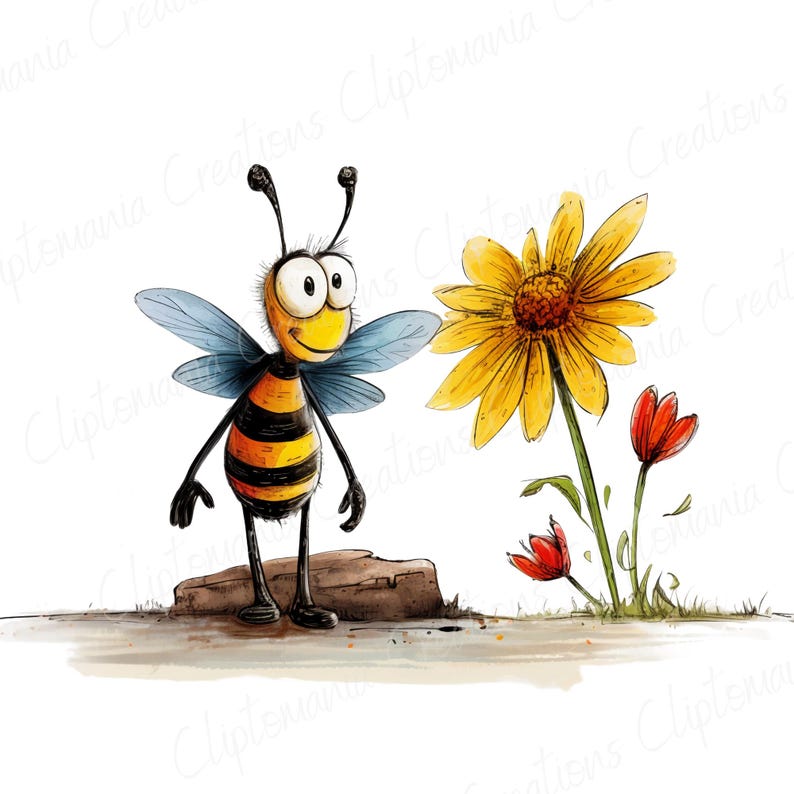 May include: A cartoon bee with black and yellow stripes stands on a rock, smiling at a yellow flower with red flowers in the background.