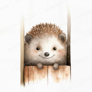 May include: A watercolor painting of a brown and white hedgehog peeking over a wooden fence. The hedgehog has a cute, smiling face and is looking directly at the viewer.