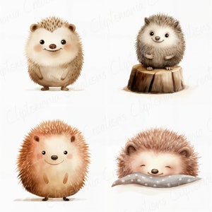 May include: Four illustrations of cute brown hedgehogs with smiling faces. One hedgehog is standing, one is sitting on a tree stump, one is standing, and one is sleeping with a gray and white polka dot pillow.