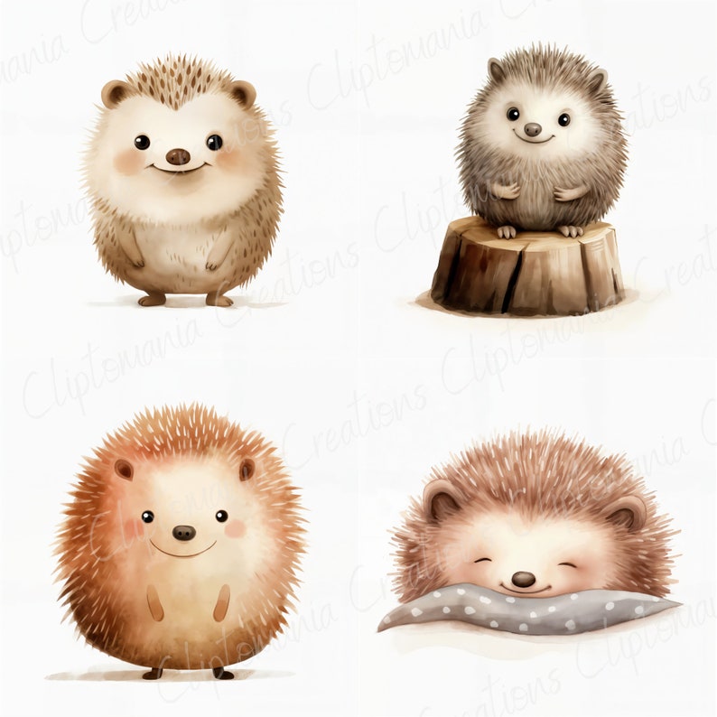 May include: Four illustrations of cute brown hedgehogs with smiling faces. One hedgehog is standing, one is sitting on a tree stump, one is standing, and one is sleeping with a gray and white polka dot pillow.