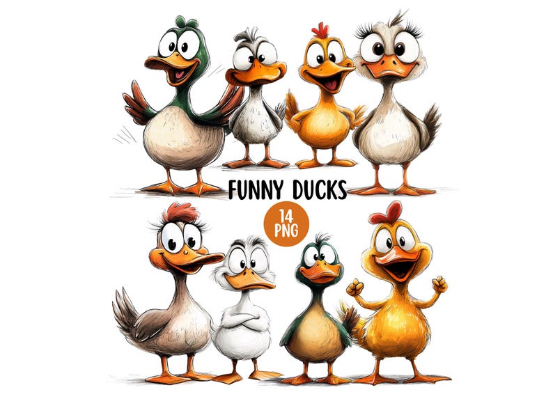 Lustige Ente Clipart Bundle, lustige Bauernhof Tier Clipart, digitaler Download, süße schrullige Ente PNG, kommerzielle Nutzung, Stockente Ente Bild 1
