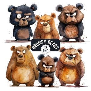 Paquete de imágenes prediseñadas PNG de osos divertidos, osos peculiares, animales divertidos del bosque, imágenes prediseñadas para niños, osos enojados, descarga digital de animales gruñones