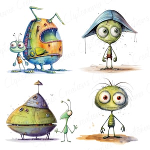 May include: A set of four cartoon illustrations featuring green aliens with large eyes and various body shapes. One alien is wearing a blue hat, another is riding a spaceship, and two are standing on their own. The illustrations are done in a watercolor style.