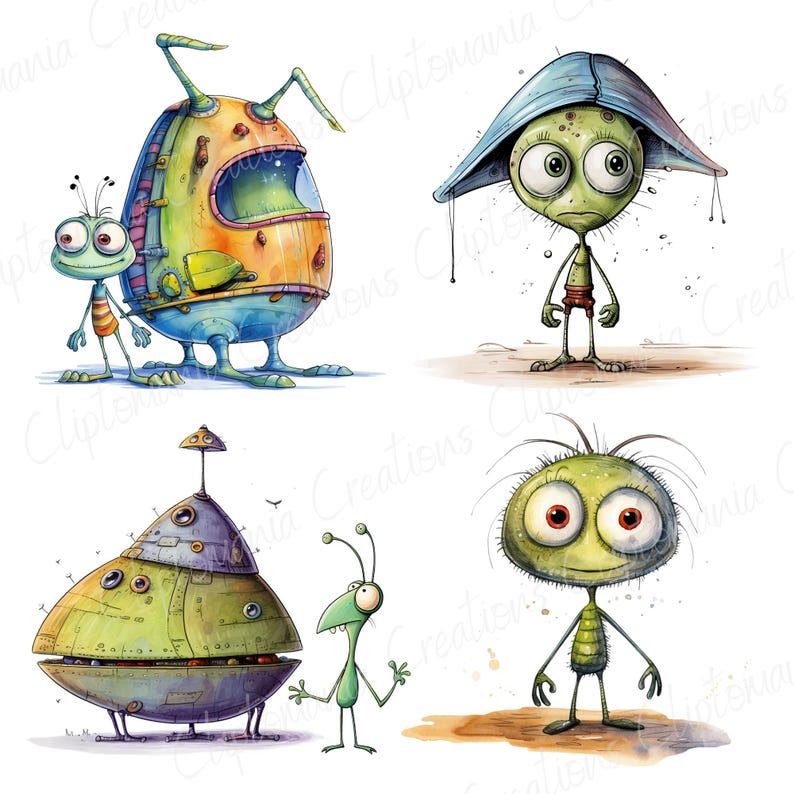 May include: A set of four cartoon illustrations featuring green aliens with large eyes and various body shapes. One alien is wearing a blue hat, another is riding a spaceship, and two are standing on their own. The illustrations are done in a watercolor style.