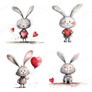 Puede incluir: Cuatro ilustraciones de acuarela de conejos sosteniendo corazones. Un conejo sostiene un globo rojo en forma de coraz&oacute;n. Los conejos son todos grises con detalles blancos.