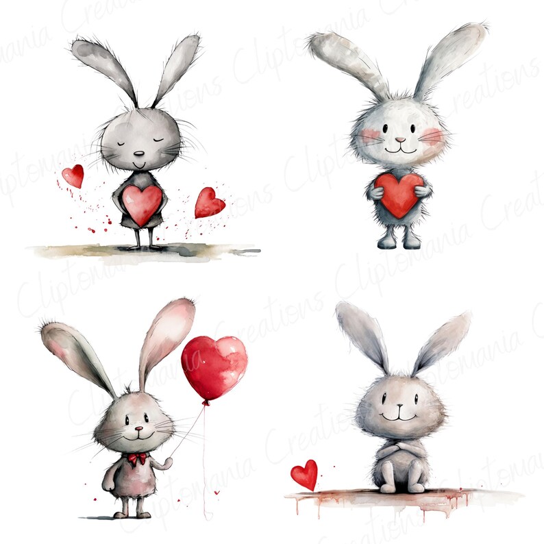 Puede incluir: Cuatro ilustraciones de acuarela de conejos sosteniendo corazones. Un conejo sostiene un globo rojo en forma de coraz&oacute;n. Los conejos son todos grises con detalles blancos.