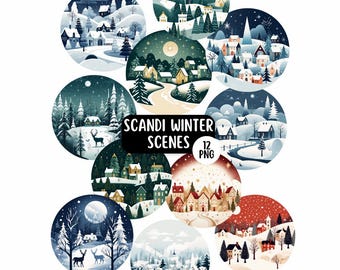 Scandinavian Winter Scenes PNG Clipart Bundle, Christmas Clipart, Snowy Landscape Winter Wonderland, Commercial Licence, Christmas Clipart