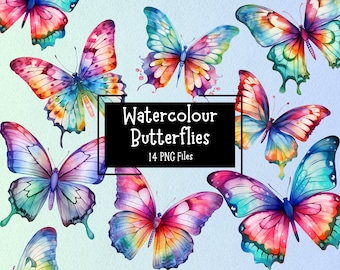 Colourful Watercolour Butterfly Clipart | 14 High Quality PNG Files | Rainbow Butterfly Graphics | Digital Scrapbooking | Digital Paper