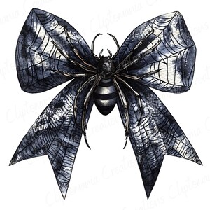 May include: A digitally created image of a bow with a spider design. The bow is dark gray with a spider web pattern. A black spider with a striped abdomen is centered on the bow.