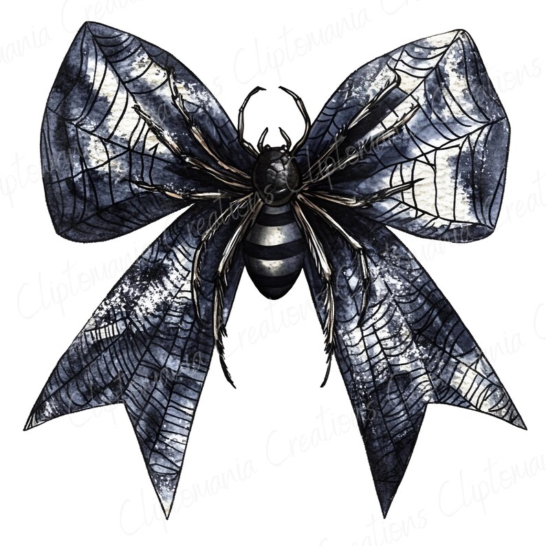 May include: A digitally created image of a bow with a spider design. The bow is dark gray with a spider web pattern. A black spider with a striped abdomen is centered on the bow.