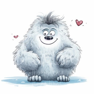 May include: A digital illustration of a fluffy white yeti character with shaggy fur, wide eyes, and a black nose. The creature has a friendly expression with a visible smile and is surrounded by two small pink hearts on a plain white background.