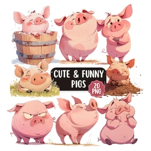 May include: A collection of cartoon pigs in various poses. The pigs are pink with expressive faces, some smiling, others in a wooden barrel, and one in mud. The image includes the text "CUTE & FUNNY PIGS 20 PNG".