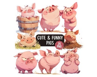 Paquete de imágenes prediseñadas PNG de cerdos lindos y divertidos, uso comercial, gráfico de dibujos animados de cerdos peculiares, diario de recortes, imágenes prediseñadas de animales de granja divertidos, PNG de animales divertidos
