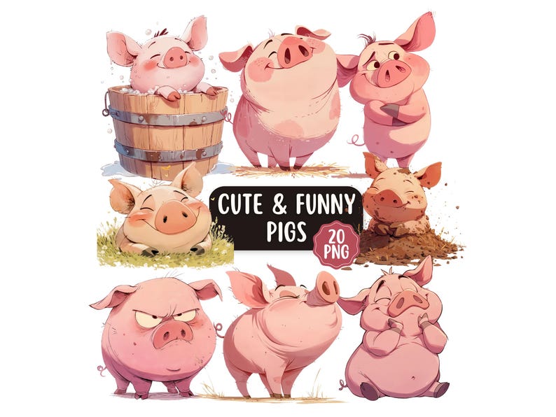 Pig Text Cute and Funny Pig PNG Clipart Bundle, Commercial Use, Quirky Pig ...