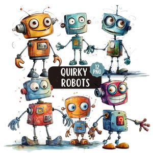 Schrullig Roboter Clipart Bundle 12 PNG | Transparente Hintergründe | Kommerzielle Nutzung | Niedliche & lustige Roboter-Grafiken | Druckbare Kinder Clipart