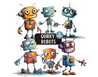 Quirky Robot Clipart Bundle 12 PNG | Transparent Backgrounds | Commercial Use | Cute & Funny Robot Graphics | Printable Children's Clipart
