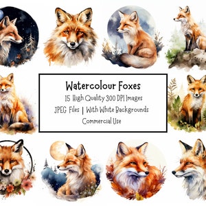 Watercolour Fox Clipart Bundle | 15 High Quality JPEG Files With White Backgrounds | Card Making | Woodland Animal Clipart