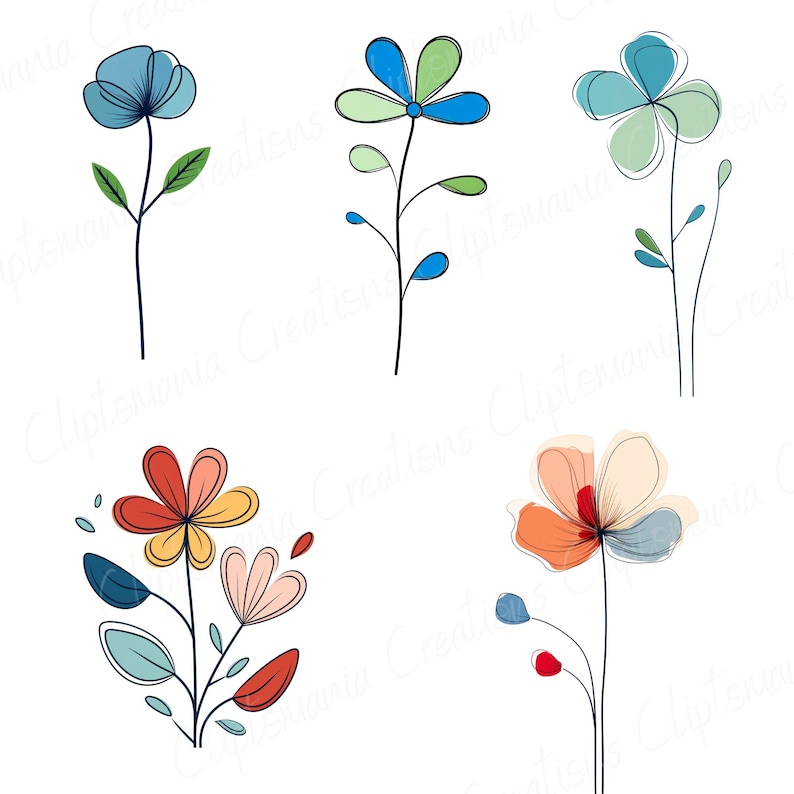 May include: Six abstract flower illustrations in various colors, including blue, green, red, orange, and yellow. The flowers are drawn in a simple, stylized manner with thin black lines.