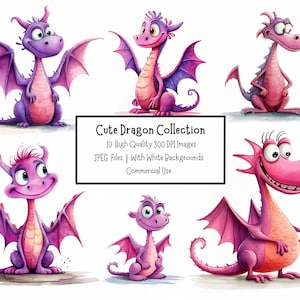 Lindo paquete de imágenes prediseñadas de dragón rosa y púrpura / 10 ilustraciones JPEG de alta calidad con fondos blancos / uso comercial / fabricación de tarjetas
