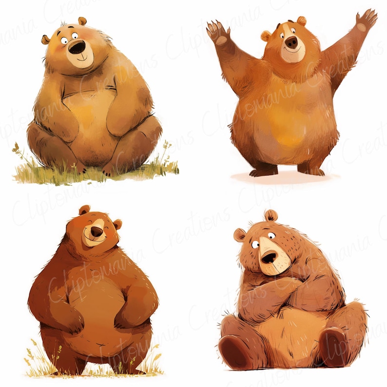 Pacchetto di clipart di orsi bruni espressivi (12 JPEG), download digitale, clipart di orsi carini e divertenti, clipart di animali divertenti stampabili, orsi dei cartoni animati immagine 10