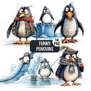 Pacote de Clipart de Pinguins Divertidos, Clipart Fofo de Inverno, PNG de Pinguim Divertido, Uso Comercial, Clipart de Animais do Ártico, Adesivos Digitais, Criação de Cartões