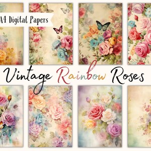 A4 Watercolour Vintage Rainbow Roses Digital Paper Pack | 25 High Quality 300 DPI Printable Shabby Chic Scrapbook Papers | Mixed Media