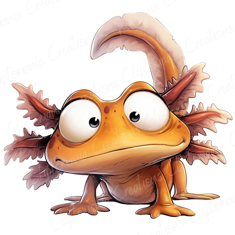 May include: A cartoon axolotl illustration with big eyes and a happy expression. The axolotl is mainly orange with reddish-brown gills and a feathery crest. The background is white.