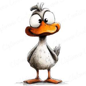 K&ouml;nnte beinhalten: Eine Cartoon-Illustration eines grauen Entchens mit gro&szlig;en, runden Augen und einem orangefarbenen Schnabel. Das Entchen steht mit dem Kopf zur Seite geneigt und hat einen freundlichen Ausdruck.