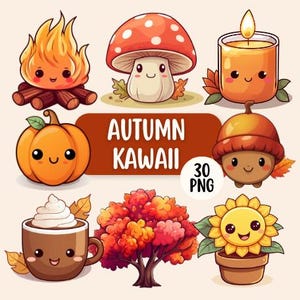 Herbst Kawaii Clipart Bundle | Set aus 30 hochwertigen PNG-Dateien | Transparente Hintergründe | Niedliche Kürbisse, Blätter, Tiere, Kerzen, Drinks
