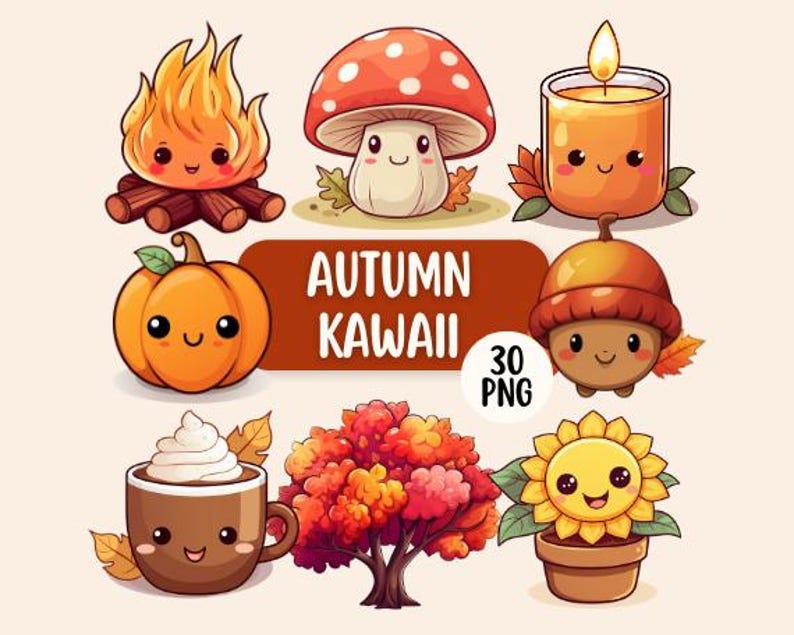 Autumn Kawaii Clipart Bundle | Set Of 30 High Quality PNG Files | Transparent Backgrounds | Cute Pumpkins, Leaves, Animals, Candles, Drinks image 1