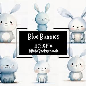 Cute Blue Bunny Clipart Bundle 12 JPEG Files | Nursery Clipart | Commercial Use | Digital Crafting | Junk Journal | Watercolour Bunnies