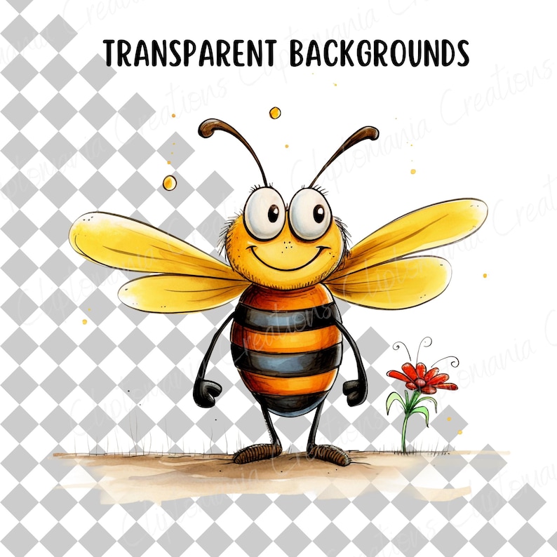 May include: A cartoon bee with large eyes and a smile stands on a patch of dirt next to a red flower. The bee has yellow wings and a black and orange striped body.