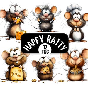 Paquete de 12 imágenes prediseñadas de ratas lindas, imágenes prediseñadas de acuarela para diario basura, álbum de recortes, creación de tarjetas, descarga digital, fantasía, rata divertida y caprichosa
