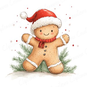 Puede incluir: Ilustraci&oacute;n en acuarela de un hombre de jengibre con un gorro y bufanda rojos de Pap&aacute; Noel. El hombre de jengibre tiene una cara sonriente, mejillas rosadas y est&aacute; decorado con glaseado blanco. Ramas de pino verdes en la base.