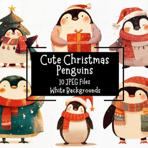 10 種類の愛らしいクリスマス ペンギンのクリップアート バンドル | JPEG デザイン | 白い背景 | 商用利用 | かわいいお祭りグラフィック | カード作成