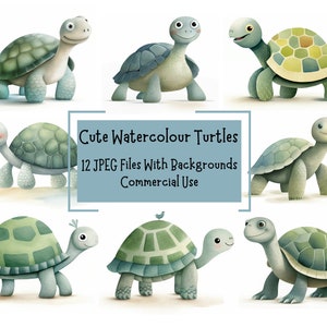 12 lindo paquete de imágenes prediseñadas de tortugas de acuarela / ilustraciones JPEG de alta calidad con fondos blancos / uso comercial / obras de arte para niños