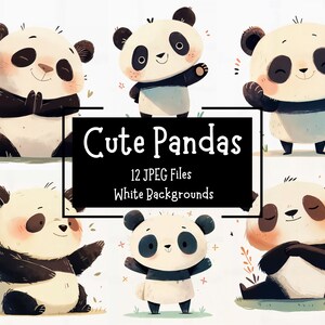 Süße & lustige Panda Clipart Bundle 12 JPEG-Dateien | Weiße Hintergründe | Kommerzielle Nutzung | Digitales Basteln | Glücklicher Panda | Kinder Clipart