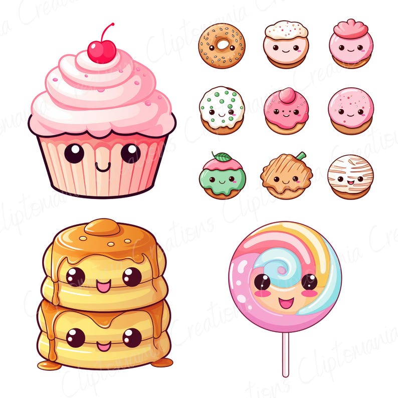 Söt Kawaii Dessert Clipart Bundle, Kawaii PNG, Digitala Klistermärken, Kawaii Mat, Kommersiell Licens, Digital Nedladdning bild 8