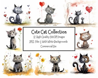 Cute Cat Clipart Bundle | 12 High Quality 300DPI Images | Valentines Clipart | Commercial Use | Digital Download | Digital Paper Crafting