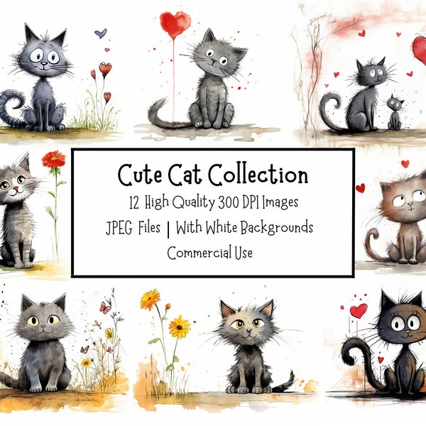 Cute Cat Clipart Bundle | 12 High Quality 300DPI Images | Valentines Clipart | Commercial Use | Digital Download | Digital Paper Crafting