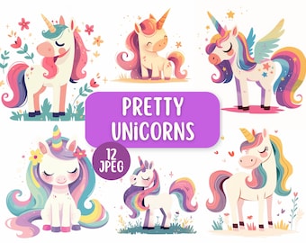 Könnte beinhalten: Eine Sammlung farbenfroher Einhorn-Illustrationen. Die Einhörner haben fließende Mähnen und Schweife in Rosa-, Blau-, Gelb- und Lilatönen. Das Bild enthält den Text "PRETTY UNICORNS" und "12 JPEG".