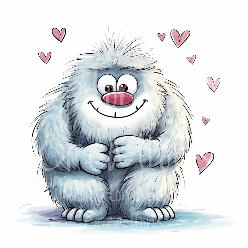 May include: A cartoon illustration of a fluffy white yeti with a large pink nose and a wide smile. The creature has shaggy fur, large round eyes, and is surrounded by several small, light pink hearts floating in the air against a white background.