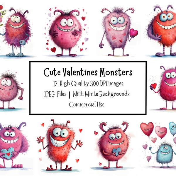 Cute Valentines Monsters Clipart Bundle | 12 High Quality JPEG Files With Backgrounds | Commercial Use | Digital Paper Craft | Junk Journal