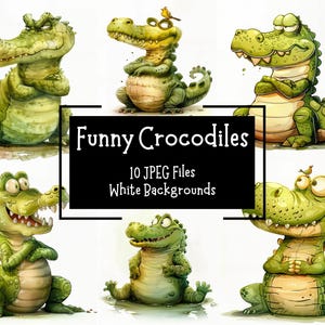 Paquete de imágenes prediseñadas de cocodrilo divertido / 10 JPEG de alta calidad de 300 DPI con fondos blancos / Cocodrilo de dibujos animados / Gráficos extravagantes de animales de safari