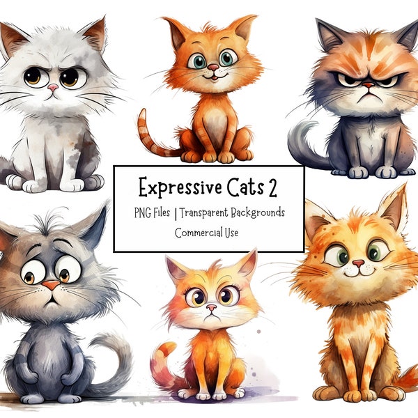 Funny Expressive Cats 2 Clipart Bundle 20 PNG Files | Transparent Backgrounds | Commercial Use | Pet Animal Clipart | Digital Paper Craft